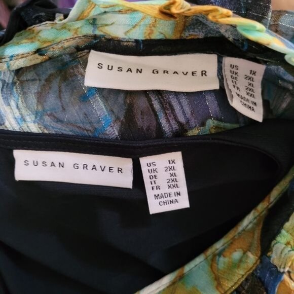 2 Piece Susan Graver Blouse Chiffon Top Blue Floral  Tank Top Career Work 1X - Picture 9 of 9